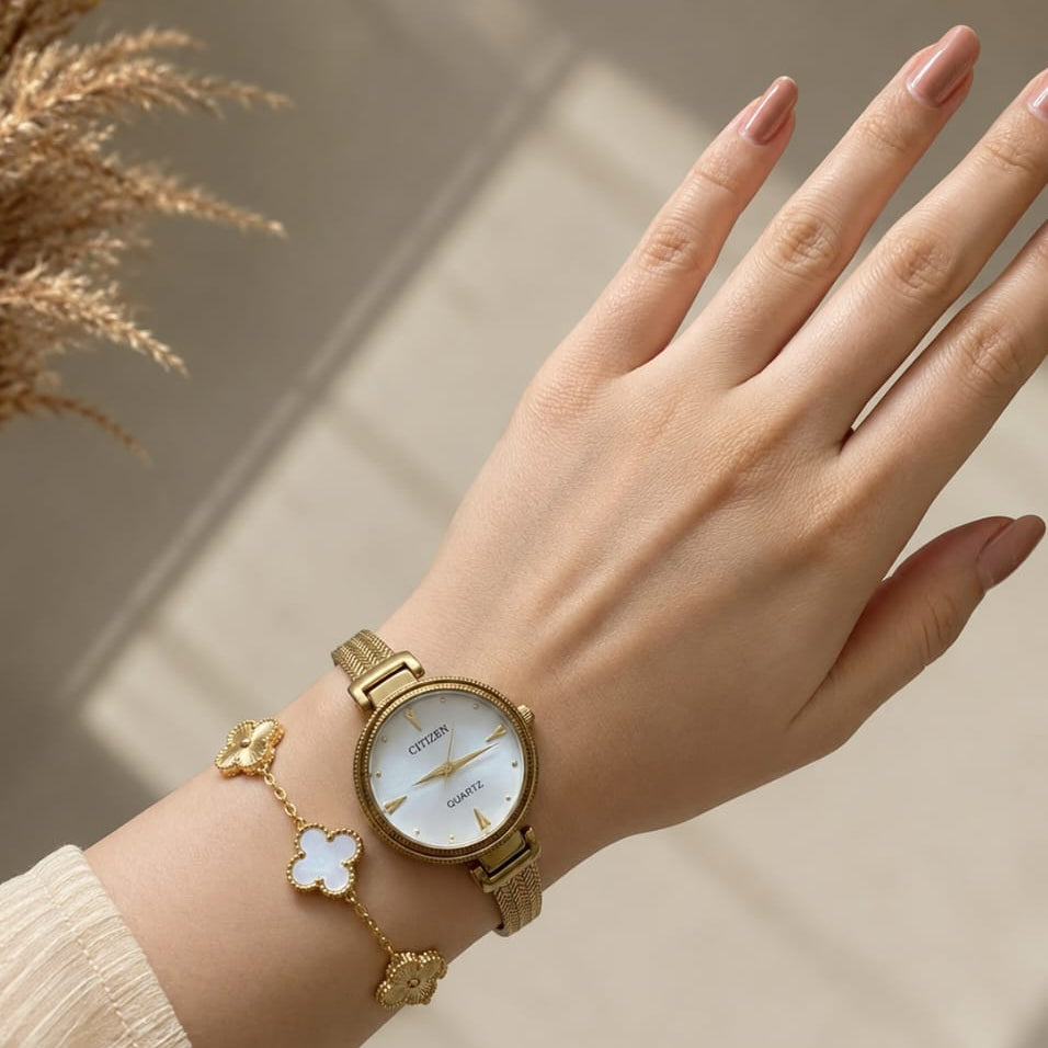 Gold Watch with clover bracelet combo