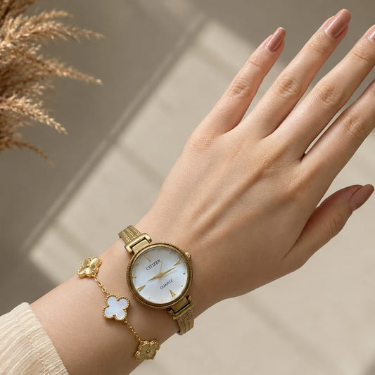 Gold Watch with clover bracelet combo